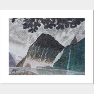 A rainy day in Milford Sound, New Zealand Posters and Art